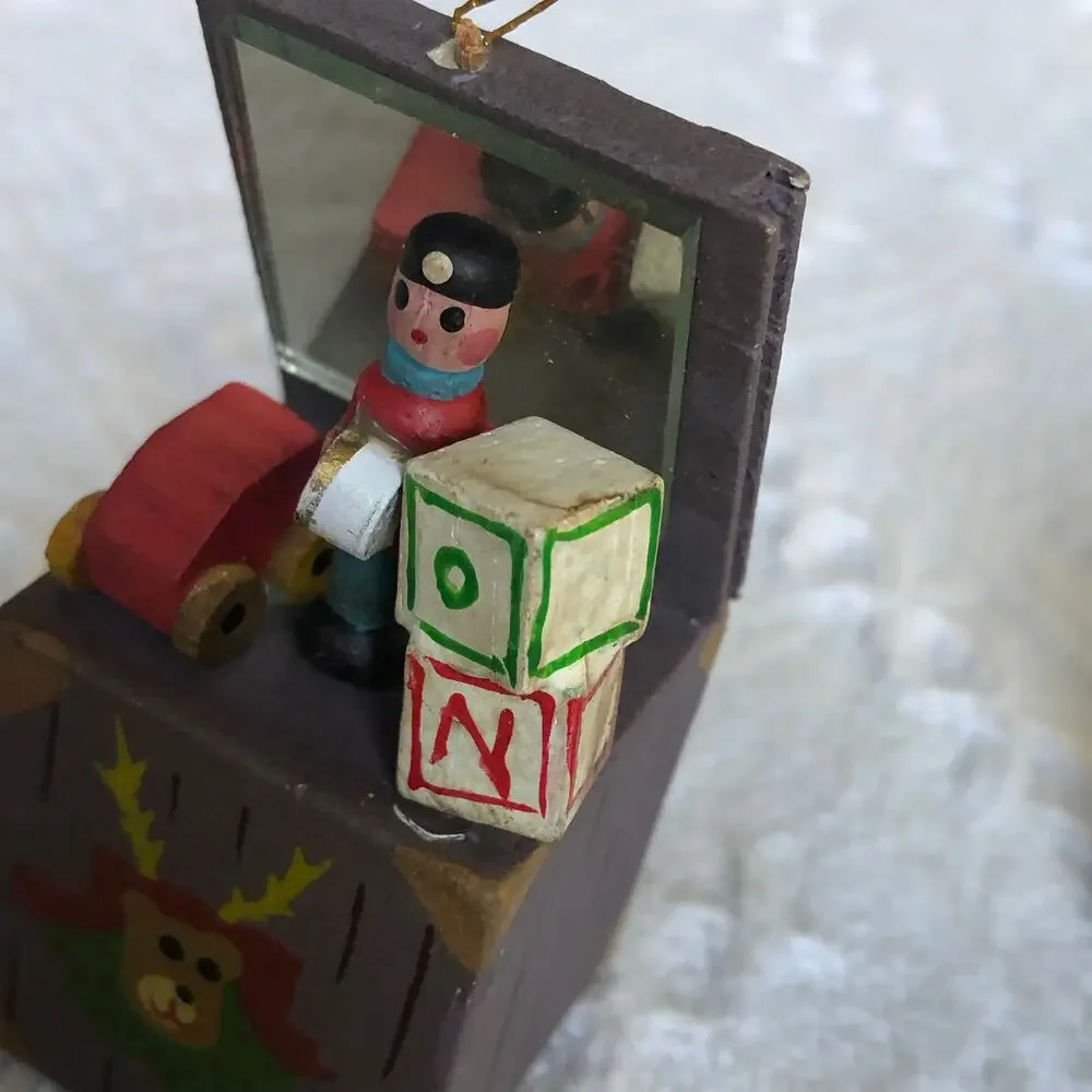 VTG Wooden Toy Chest Christmas Ornaments Noel Set of 2 Hand Painted Glass Mirror